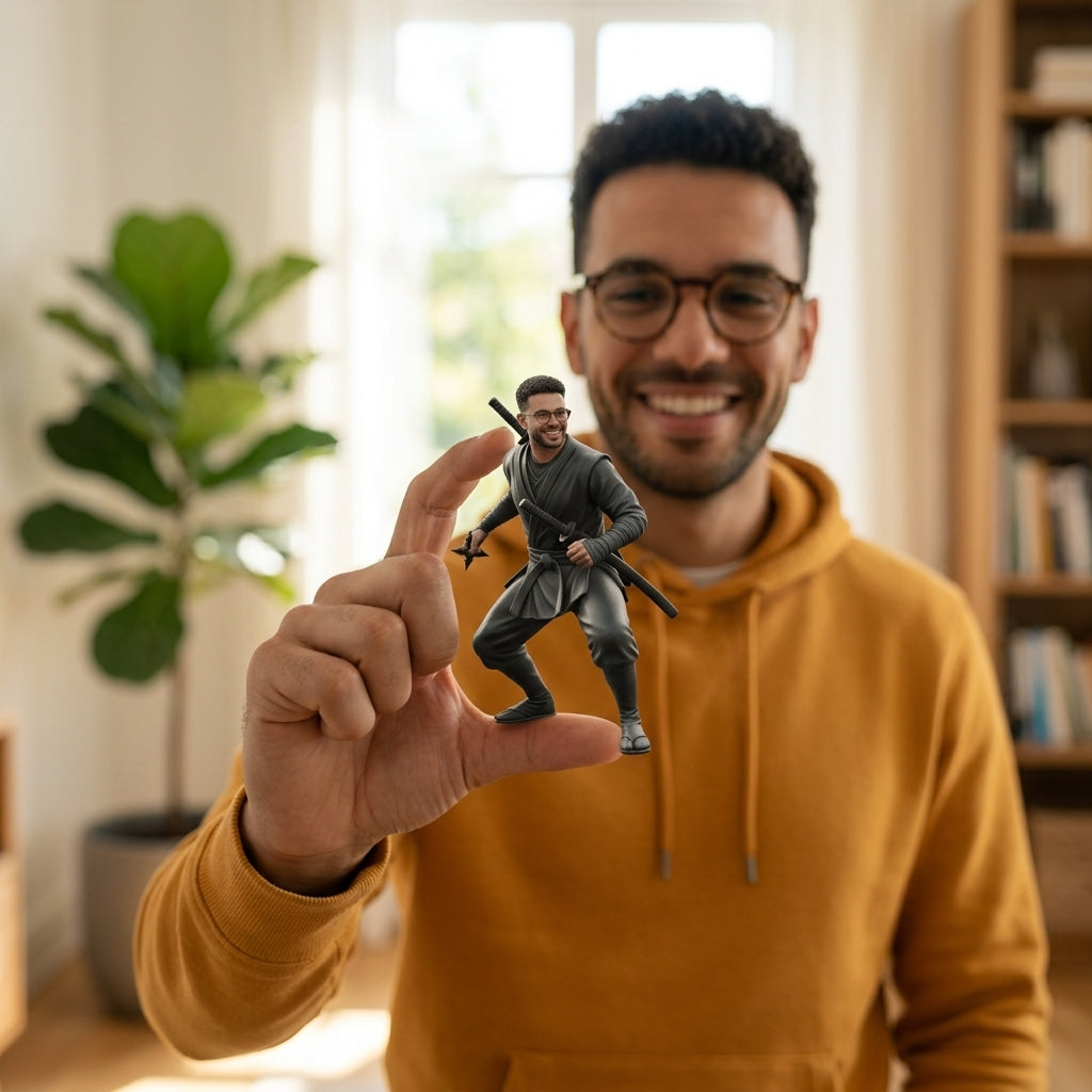 Illustration: a person holding and admiring their shinobi ninja figurine at home