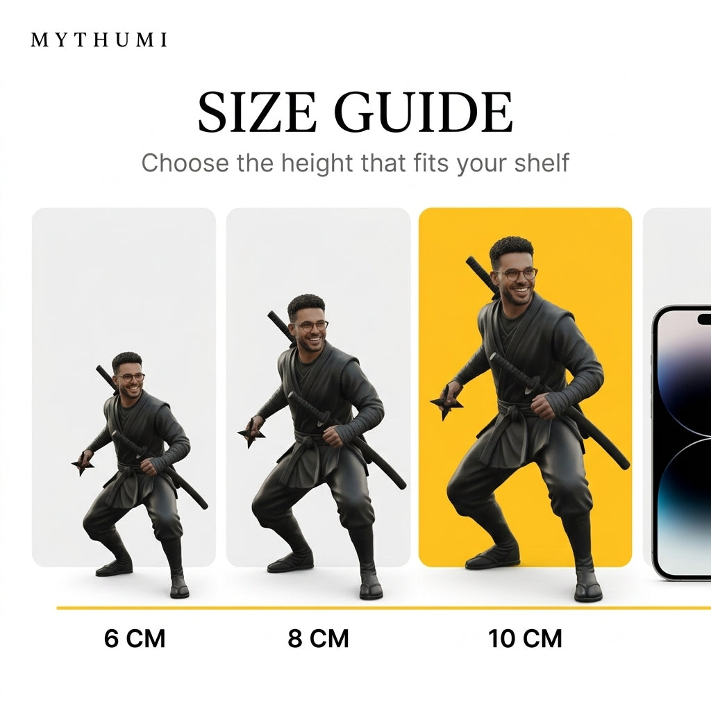 Illustration: size guide showing the shinobi ninja figurine at 6, 8 and 10 cm