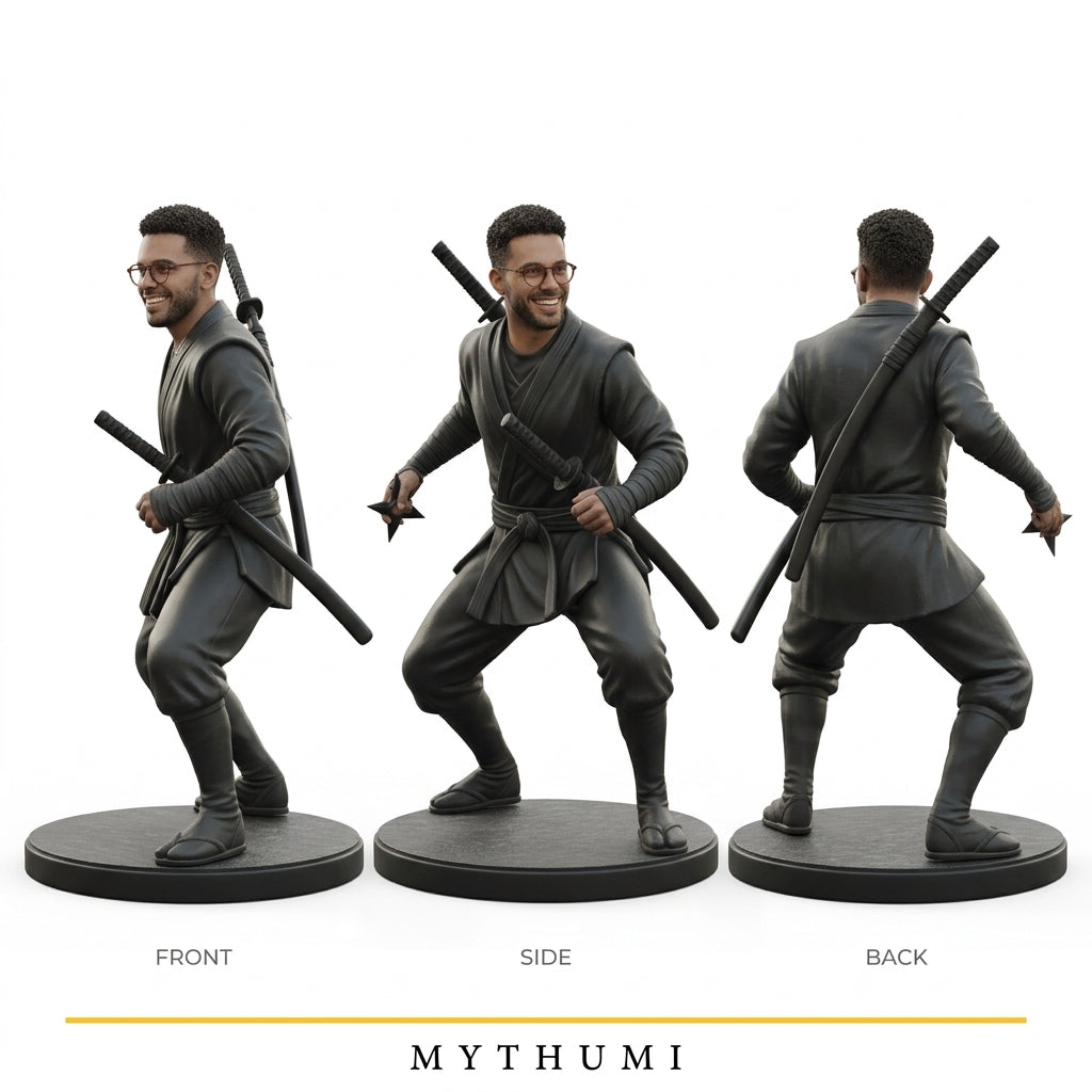 Illustration: front, side and back views of the shinobi ninja figurine
