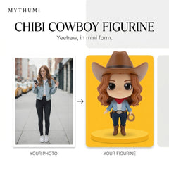 Illustration: before-and-after poster of a photo becoming a wild west chibi cowboy figurine