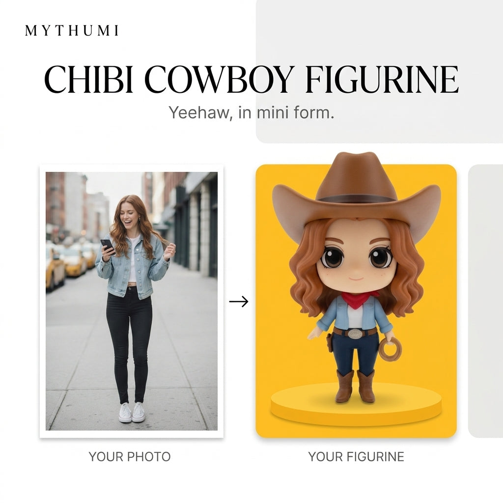 Illustration: before-and-after poster of a photo becoming a wild west chibi cowboy figurine