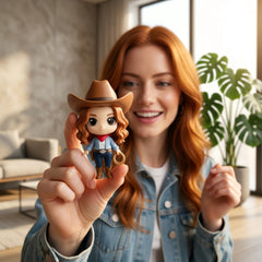 Illustration: a person holding and admiring their wild west chibi cowboy figurine at home