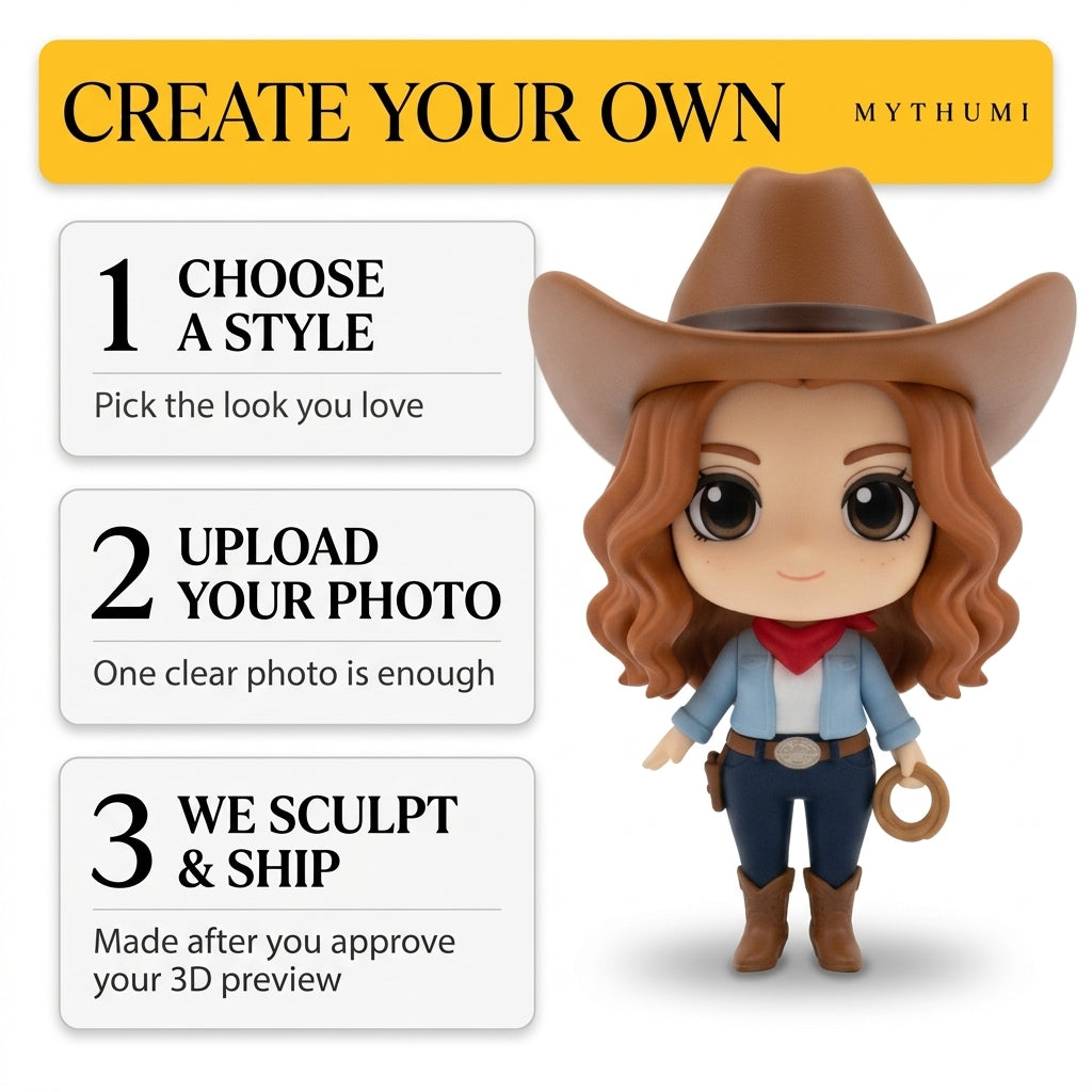 Illustration: three-step poster showing how to order a wild west chibi cowboy figurine