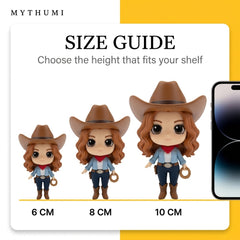 Illustration: size guide showing the wild west chibi cowboy figurine at 6, 8 and 10 cm