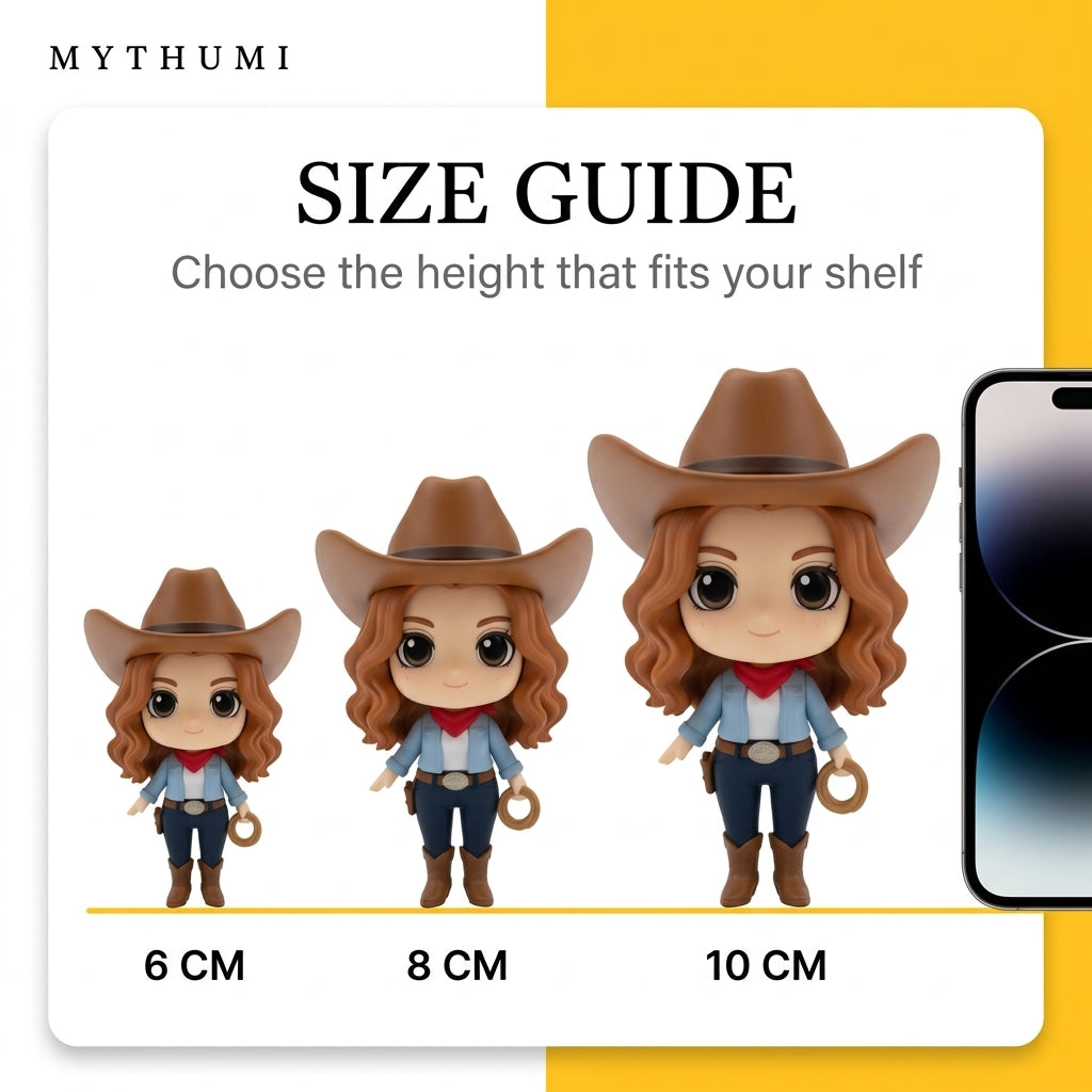 Illustration: size guide showing the wild west chibi cowboy figurine at 6, 8 and 10 cm