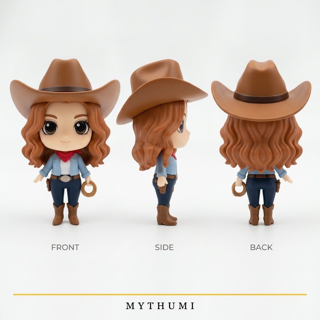 Illustration: front, side and back views of the wild west chibi cowboy figurine