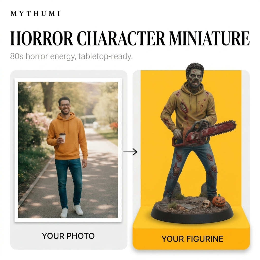 Illustration: before-and-after poster of a photo becoming a retro horror villain miniature