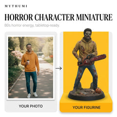 Illustration: before-and-after poster of a photo becoming a retro horror villain miniature