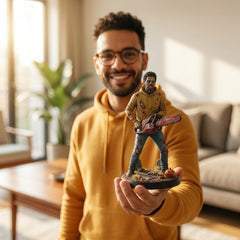 Illustration: a person holding and admiring their retro horror villain miniature at home