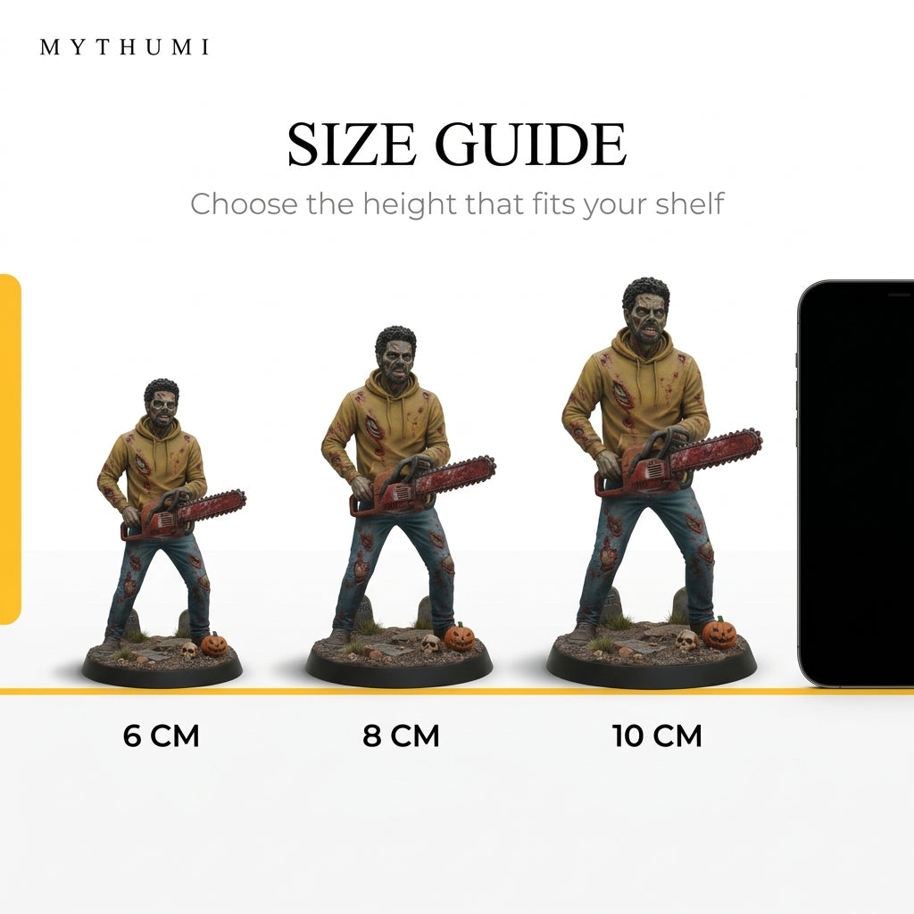 Illustration: size guide showing the retro horror villain miniature at 6, 8 and 10 cm