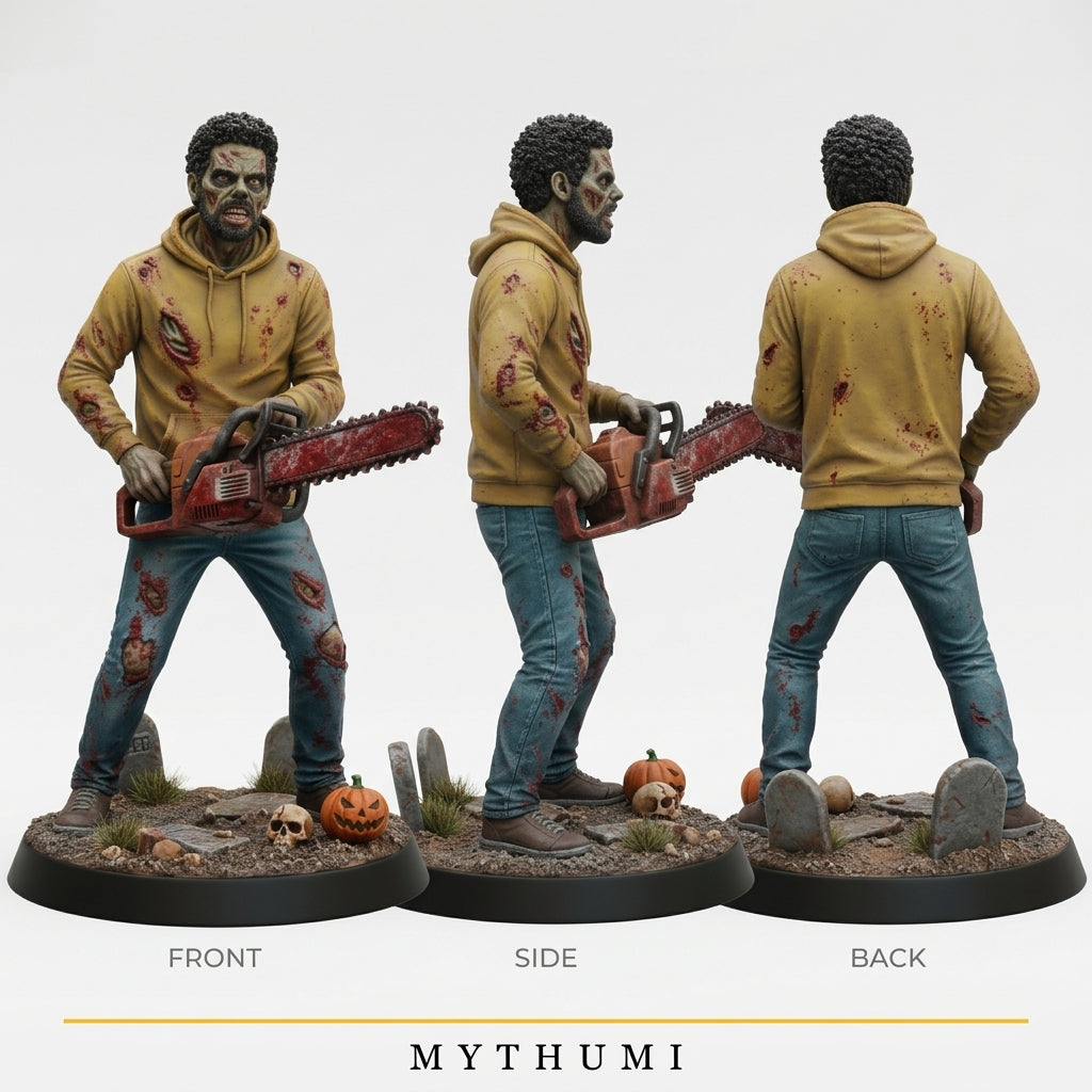 Illustration: front, side and back views of the retro horror villain miniature
