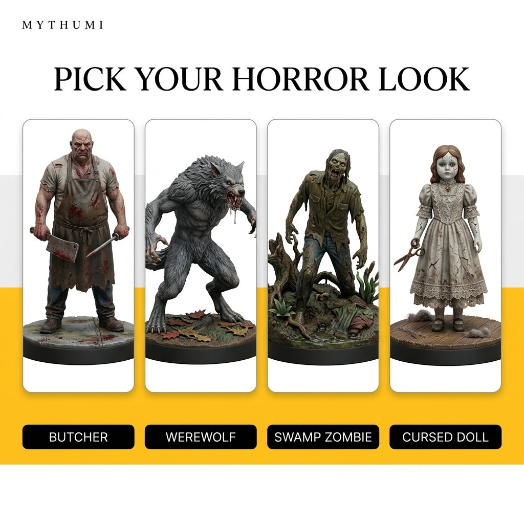 Illustration: four horror looks side by side: butcher, werewolf, swamp zombie and cursed doll miniatures