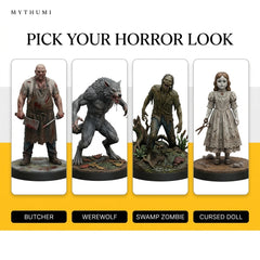 Illustration: four horror looks side by side: butcher, werewolf, swamp zombie and cursed doll miniatures