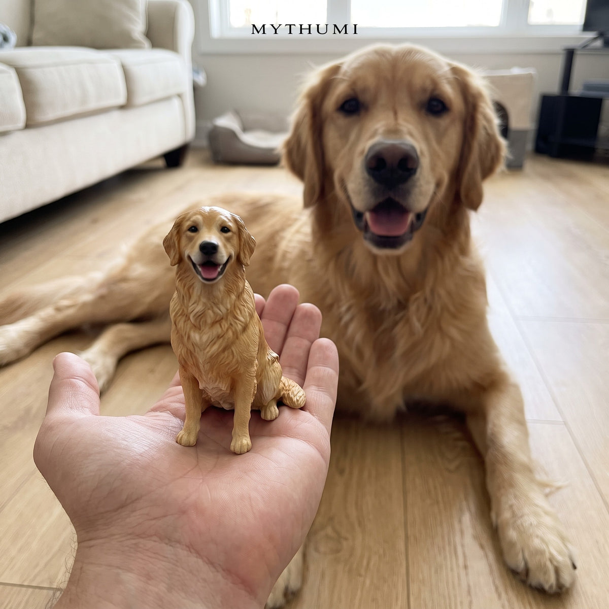 Illustration: a hand holding a full-color golden retriever figurine in front of the real dog