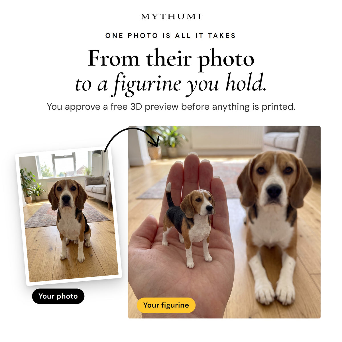 Illustration: a photo of a beagle and the full-color figurine made from it, held beside the dog