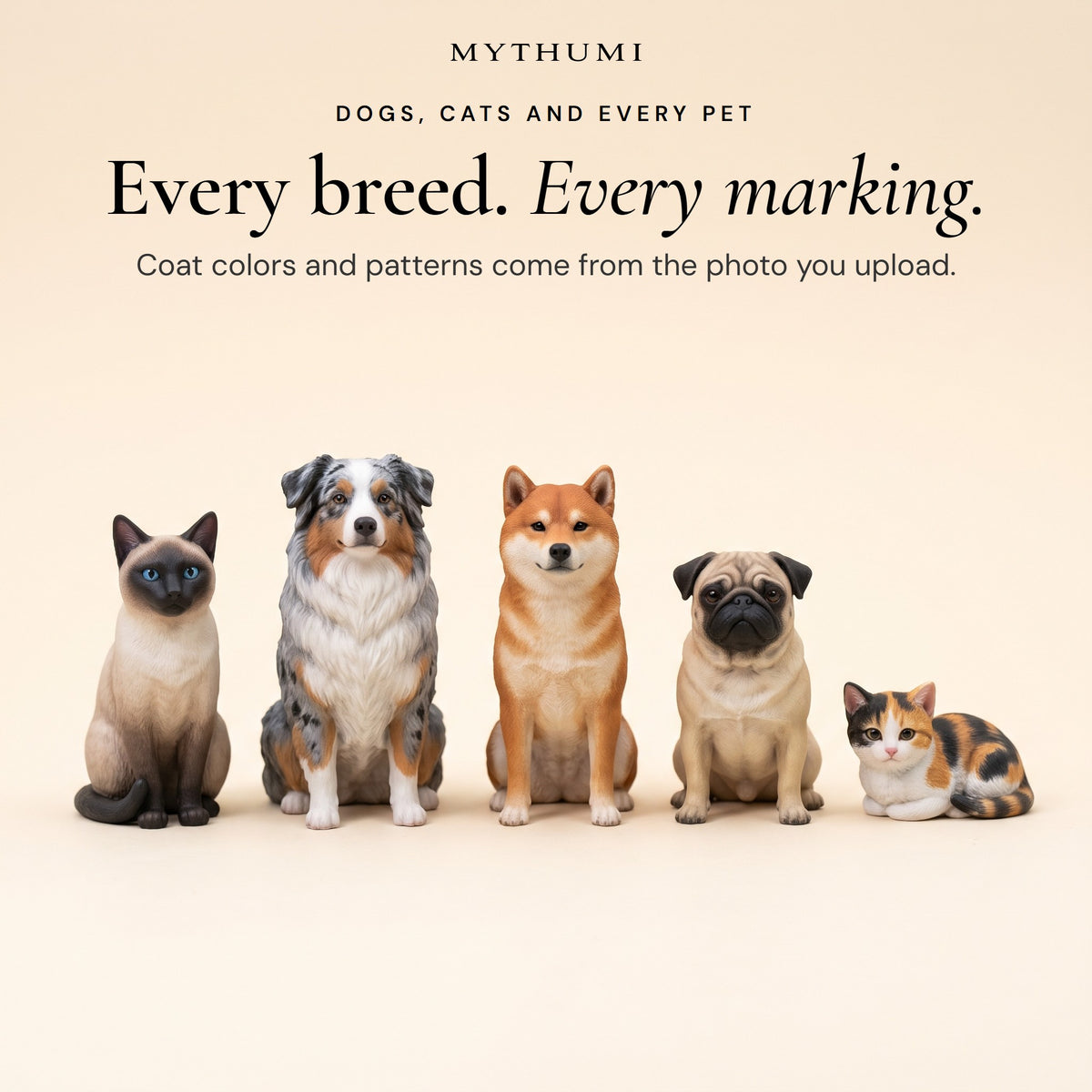 Illustration: figurines of a Siamese cat, an Australian shepherd, a Shiba Inu, a pug and a calico kitten