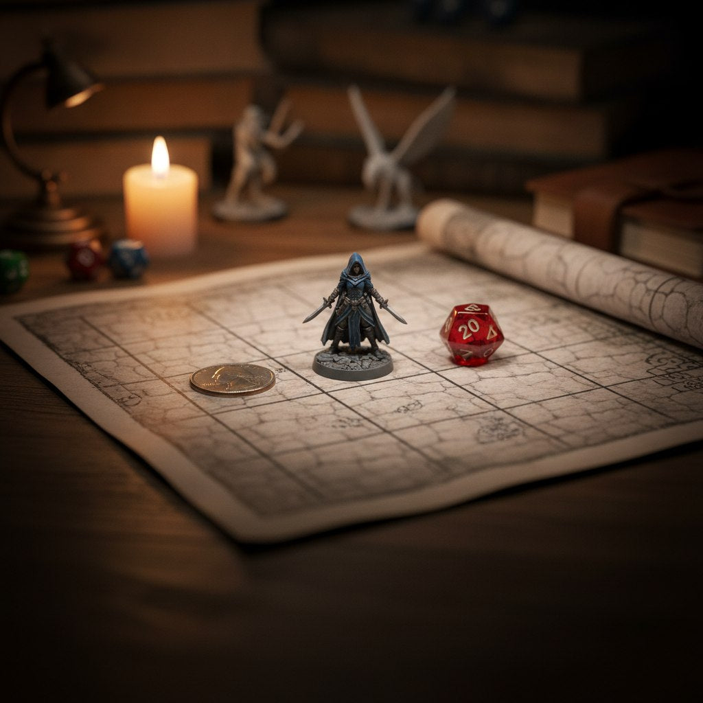 A miniature at true 32 mm scale on a 1-inch battle grid beside a coin and a d20