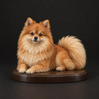 Pomeranian figurine in lying relaxed pose, studio view