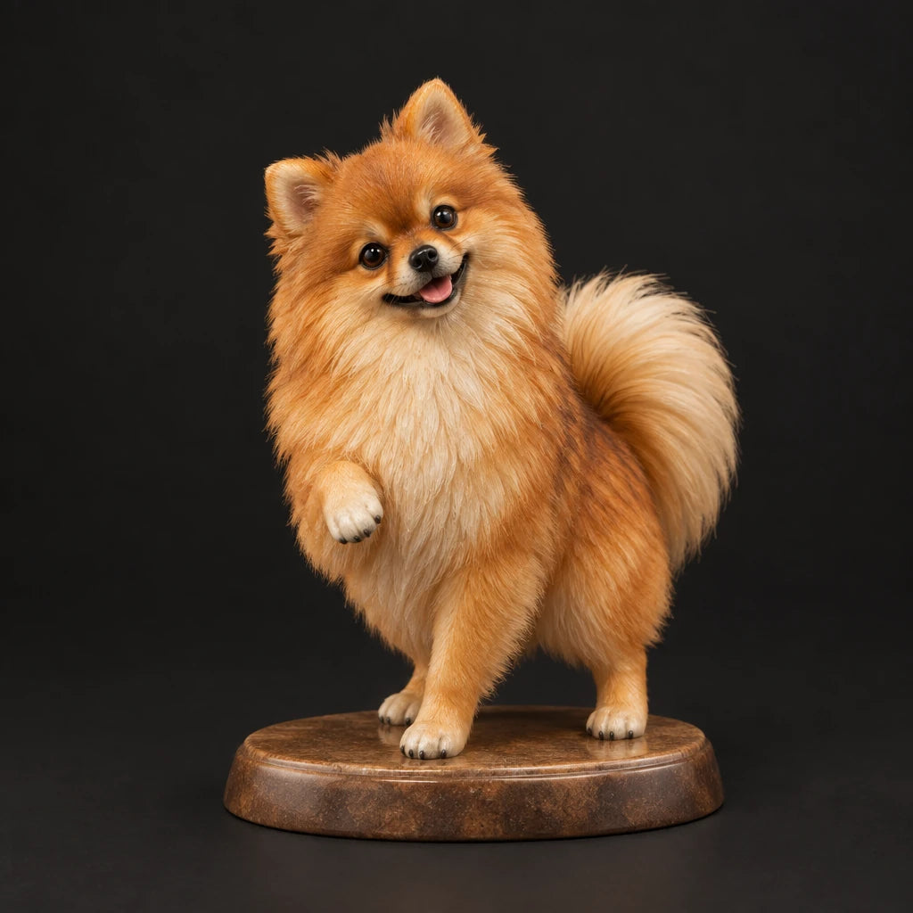 Pomeranian figurine in paw up pose, studio view