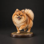 Pomeranian figurine in playful run pose, studio view