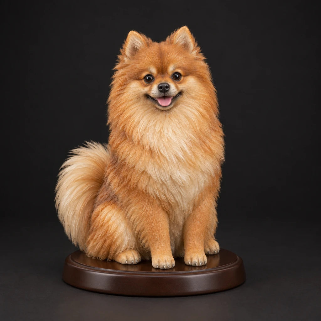 Pomeranian figurine in sitting happy pose, studio view