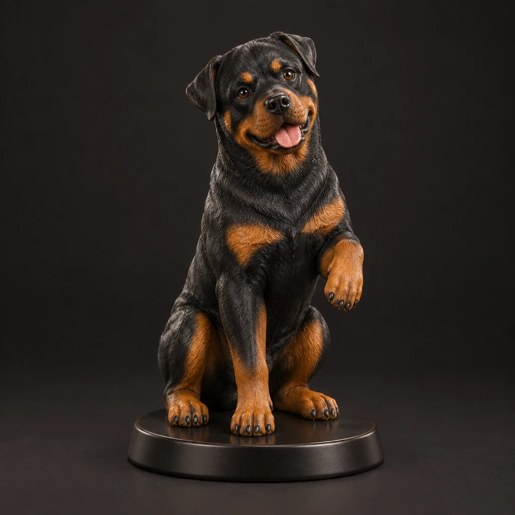 Rottweiler figurine in paw up pose, studio view