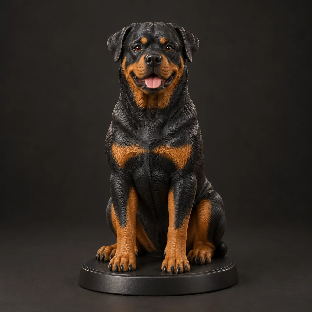 Rottweiler figurine in sitting happy pose, studio view