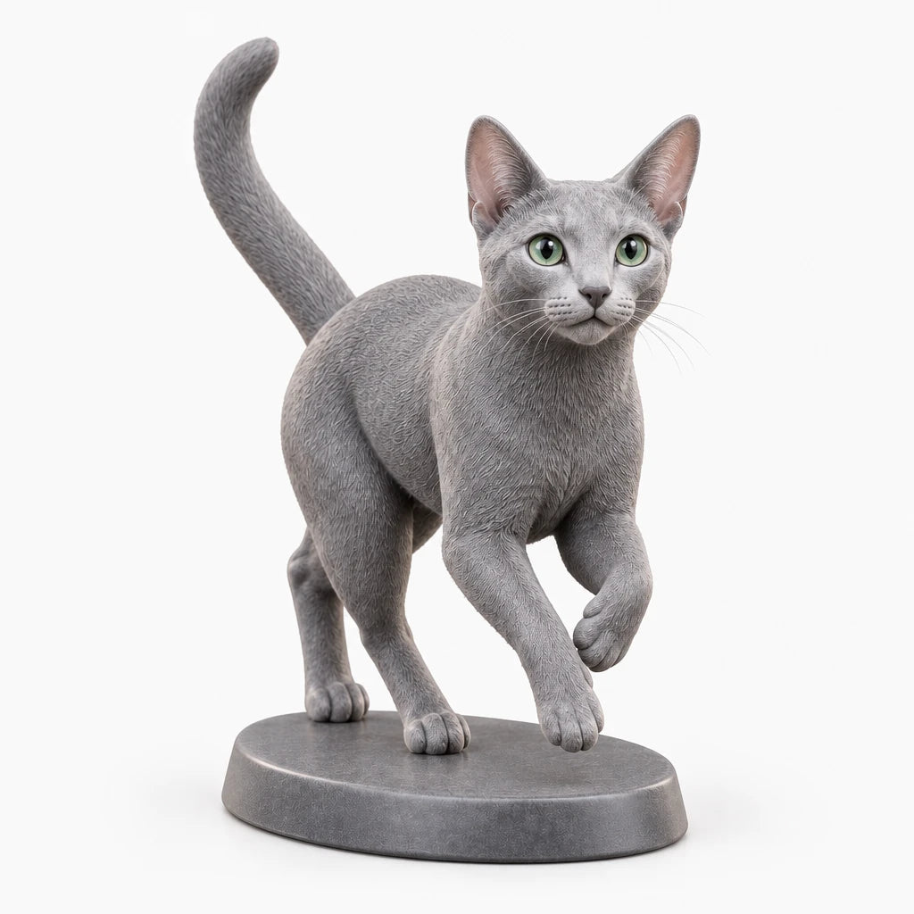 Russian Blue figurine in playful run pose on a clean background
