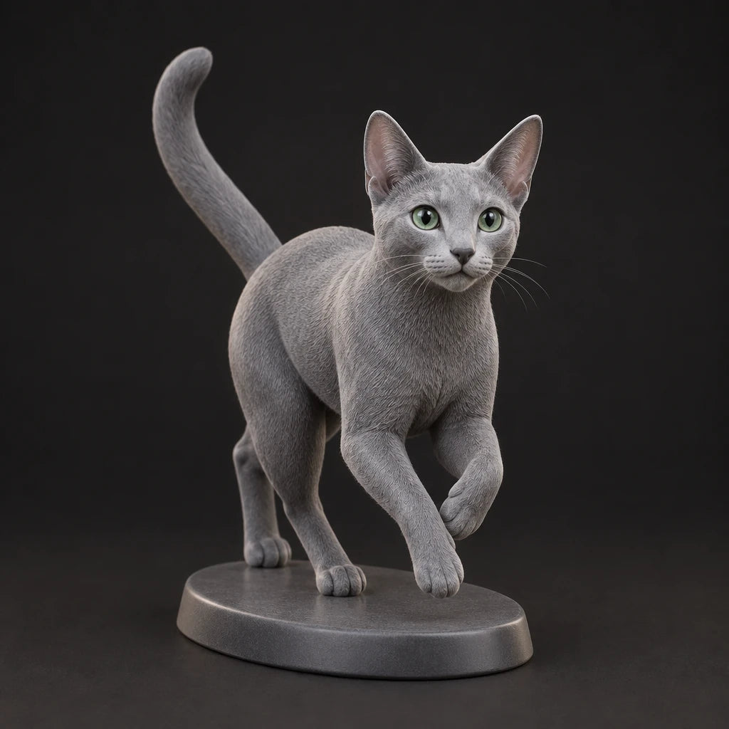 Russian Blue figurine in playful run pose, studio view