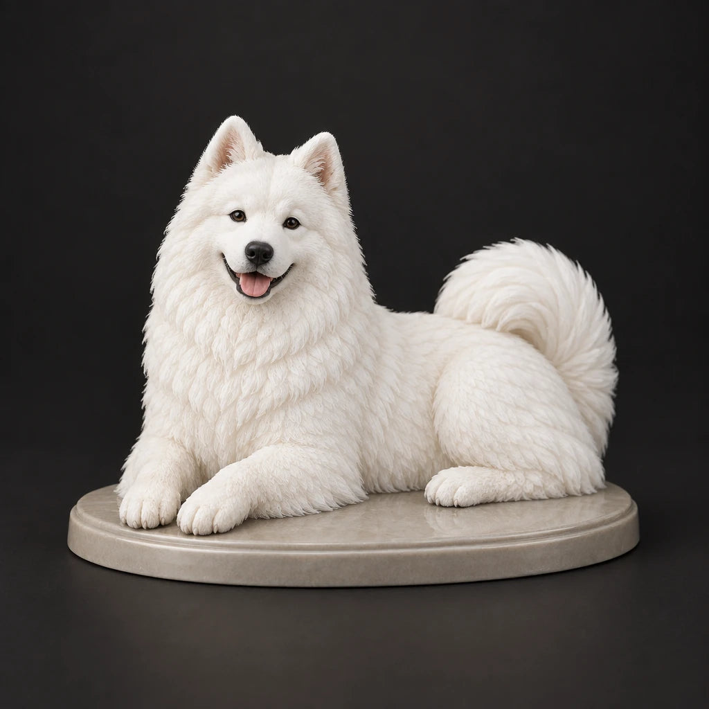 Samoyed figurine in lying relaxed pose, studio view