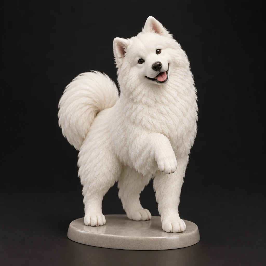 Samoyed figurine in paw up pose, studio view