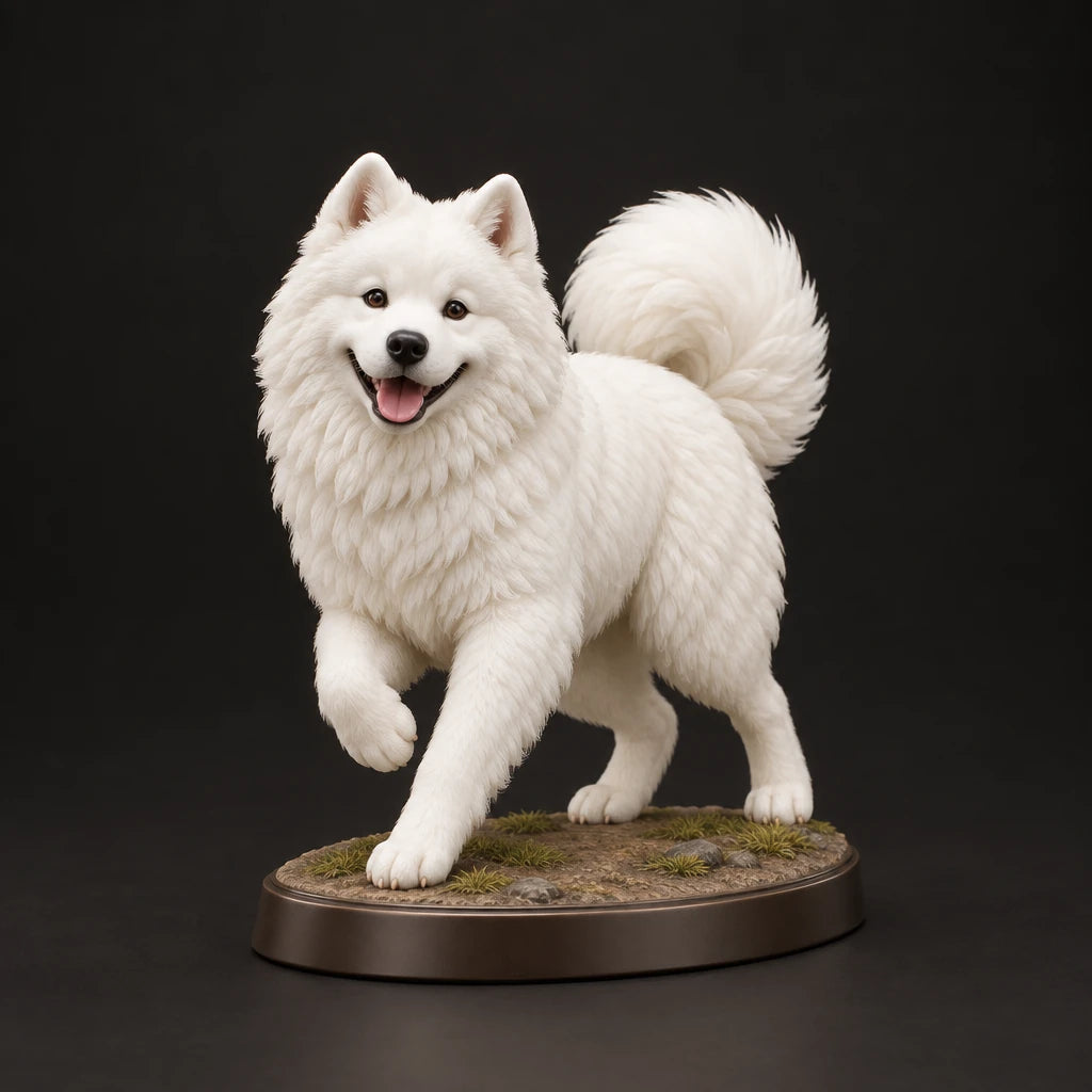 Samoyed figurine in playful run pose, studio view