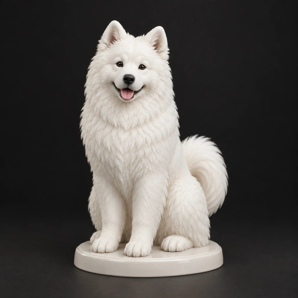 Samoyed figurine in sitting happy pose, studio view