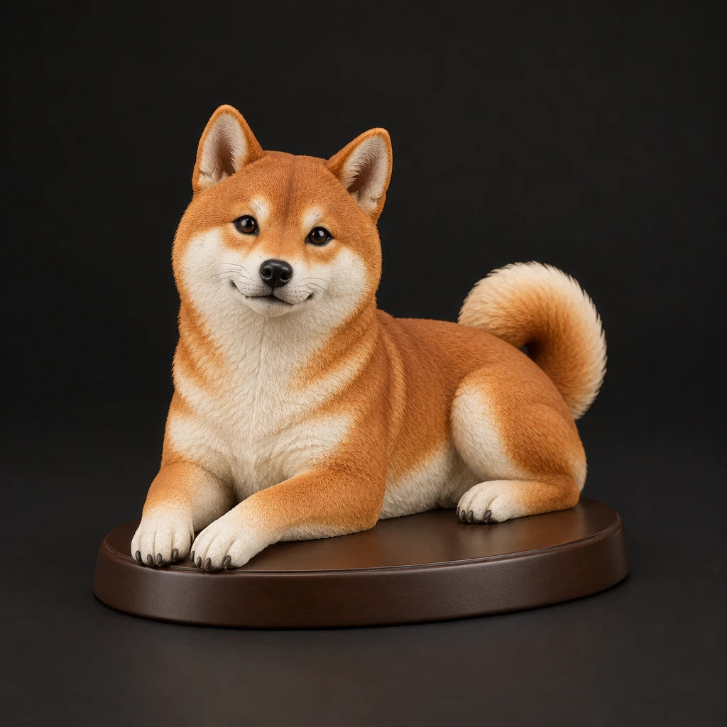 Shiba Inu figurine in lying relaxed pose, studio view