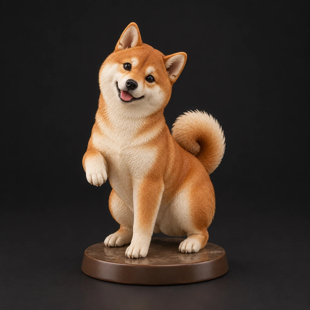 Shiba Inu figurine in paw up pose, studio view