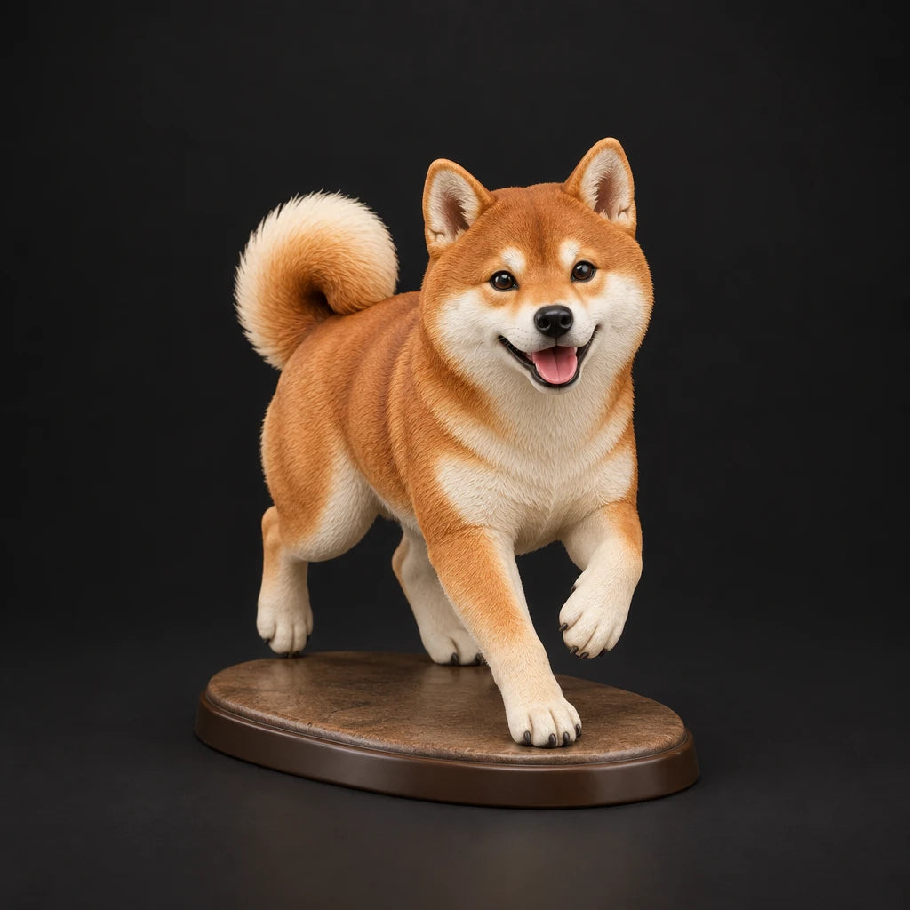 Shiba Inu figurine in playful run pose, studio view