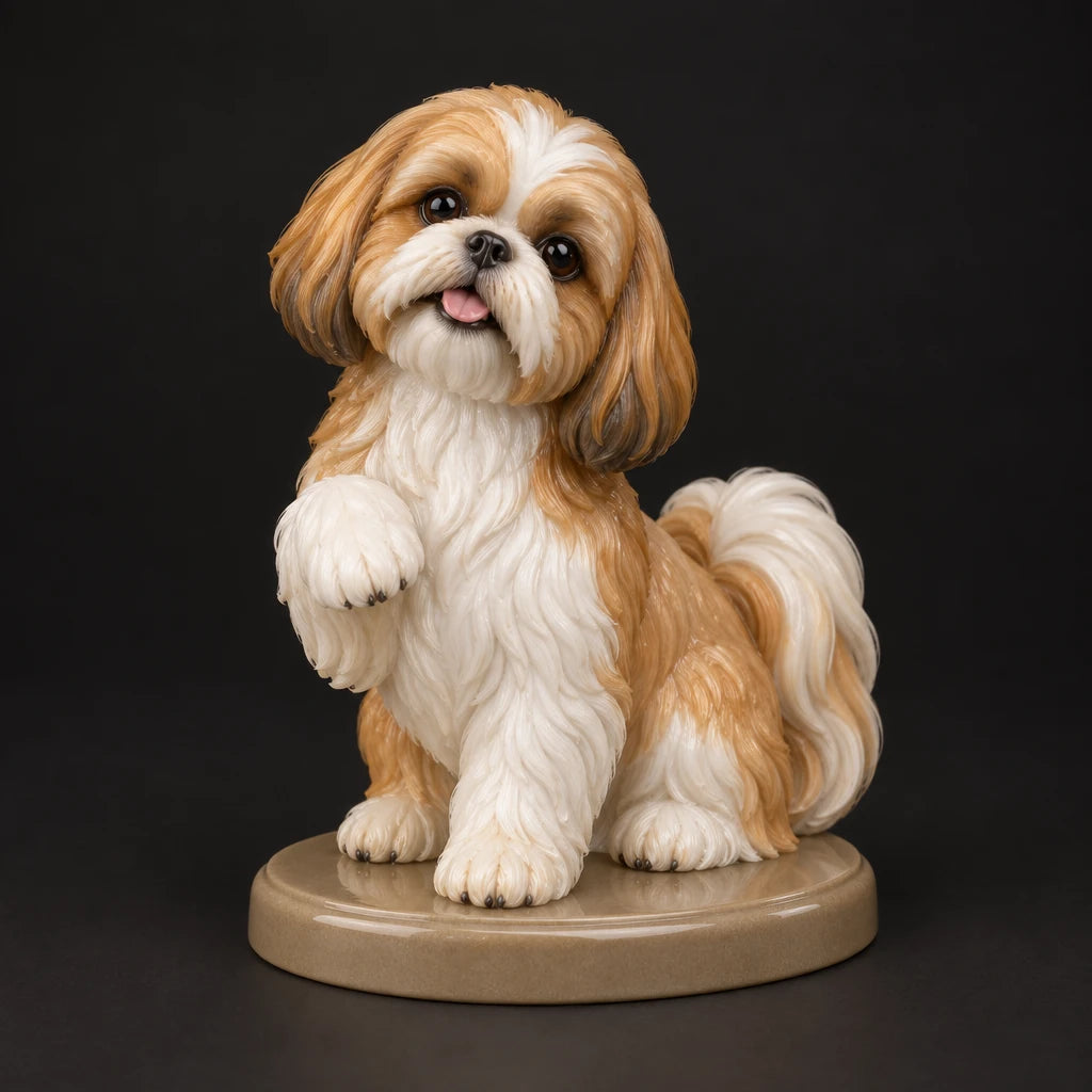 Shih Tzu figurine in paw up pose, studio view