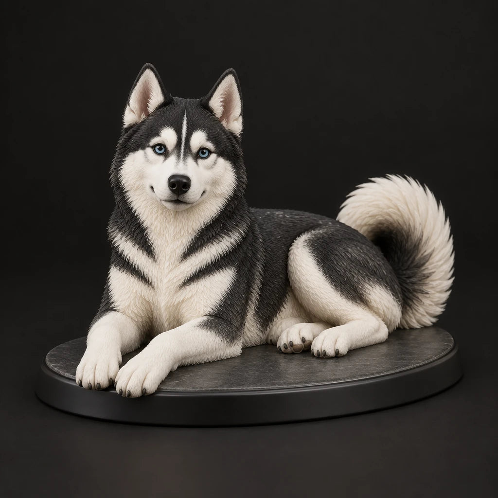 Siberian Husky figurine in lying relaxed pose, studio view