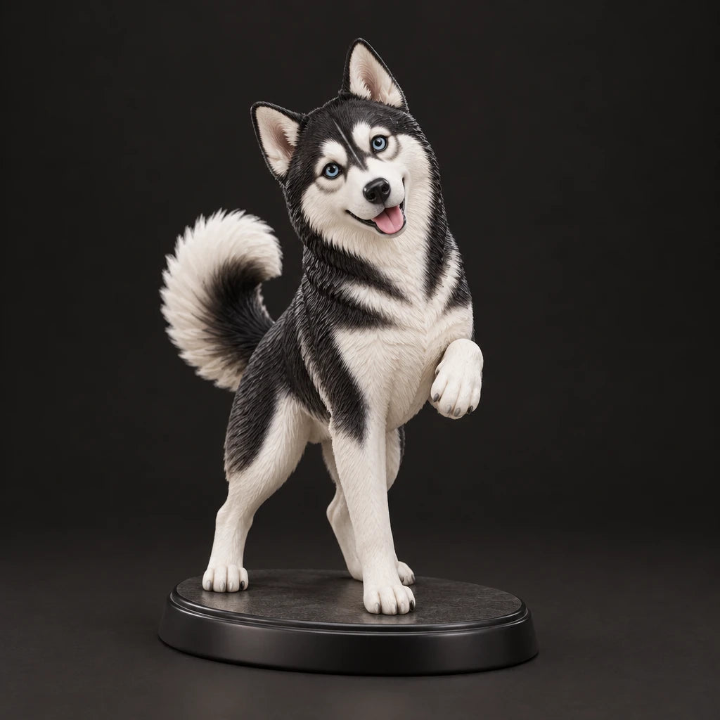Siberian Husky figurine in paw up pose, studio view