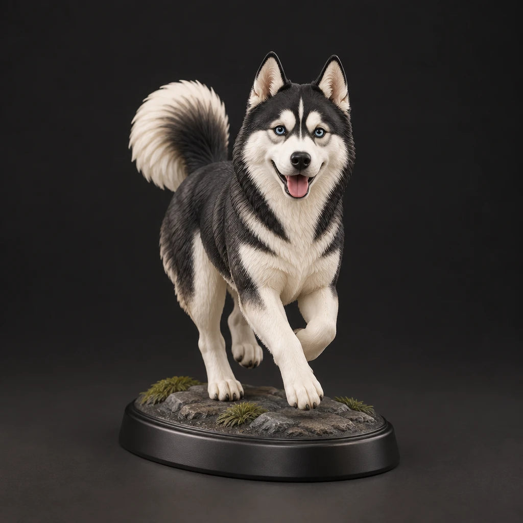 Siberian Husky figurine in playful run pose, studio view