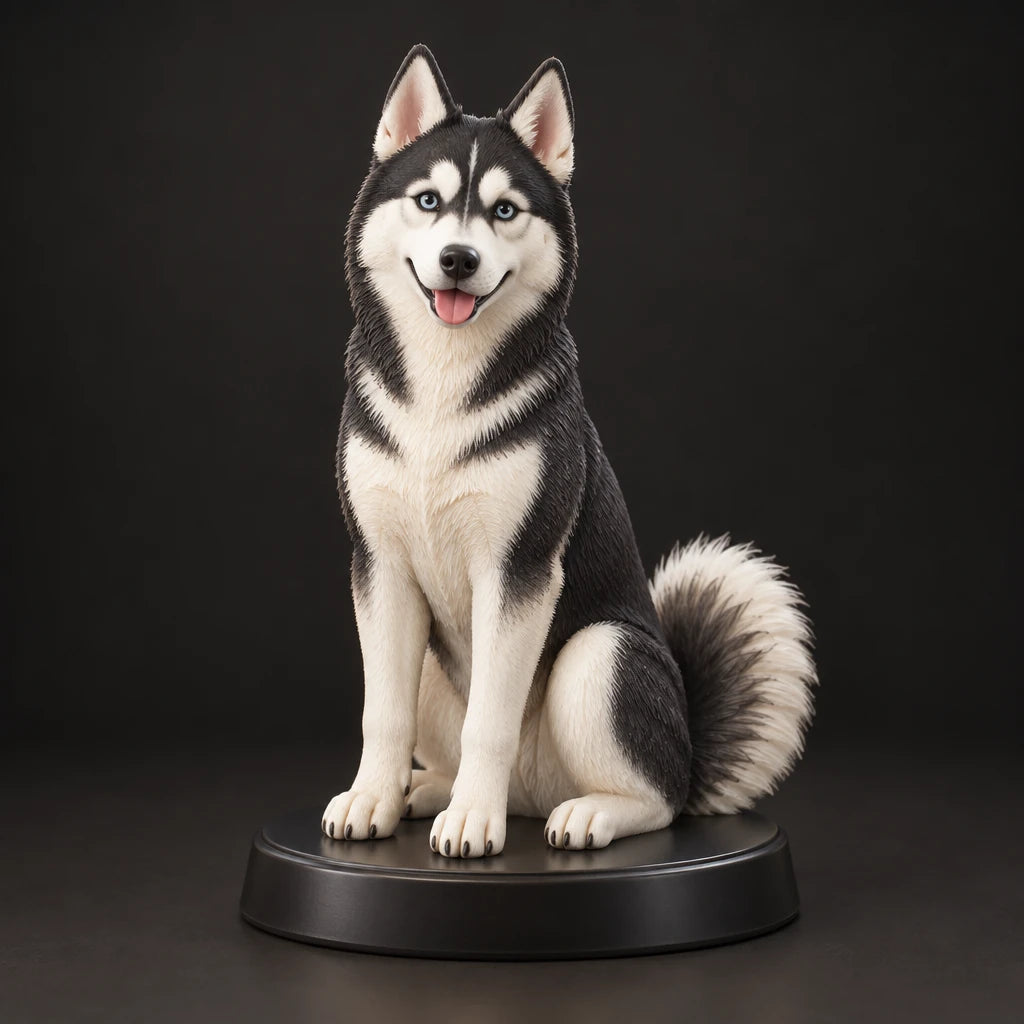 Siberian Husky figurine in sitting happy pose, studio view