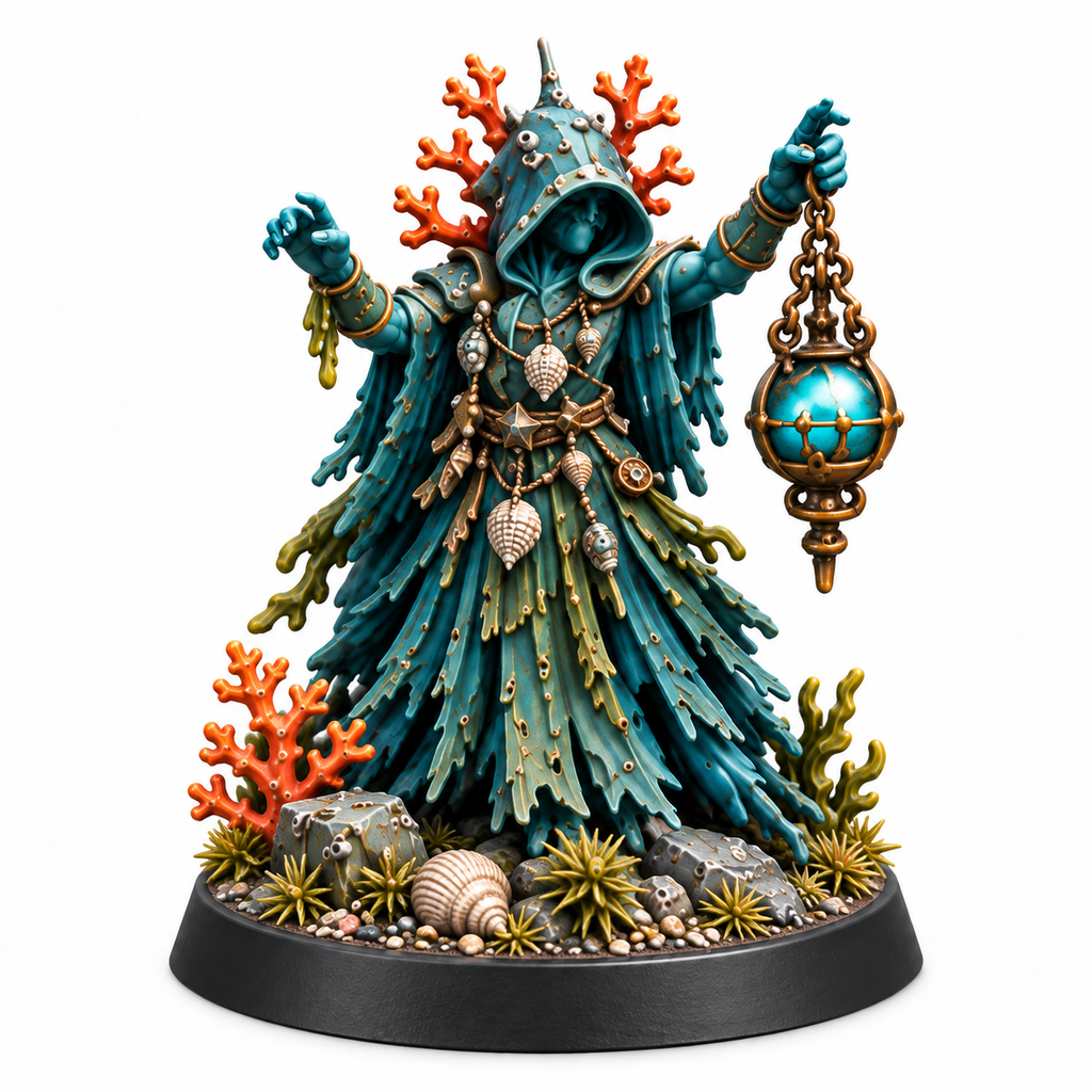 Abyssal priest miniature in a coral-covered hood carrying a glowing lantern.