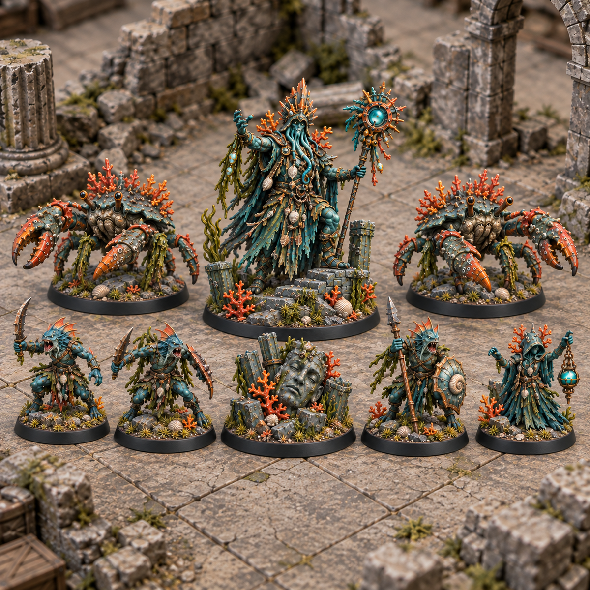 Eight miniatures from the Sunken Temple encounter set arranged on a ruined tabletop.