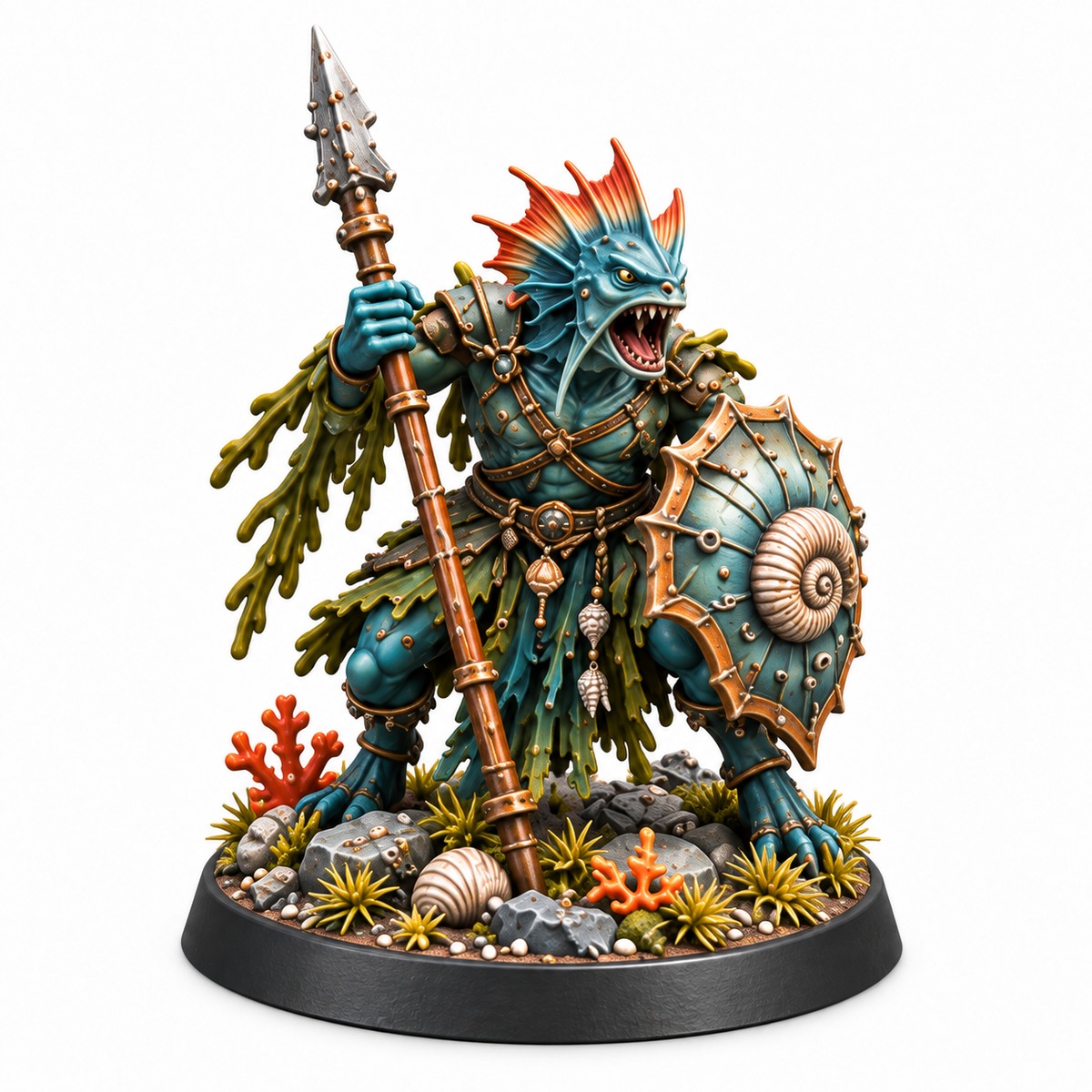 Reef warrior miniature carrying a spear and shell shield.
