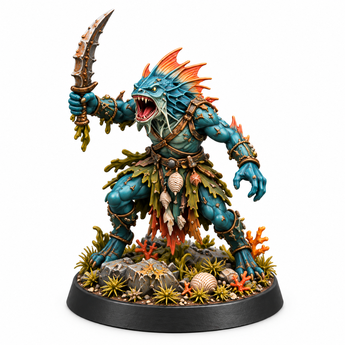 Reef warrior miniature holding a curved sword on a coral-covered base.