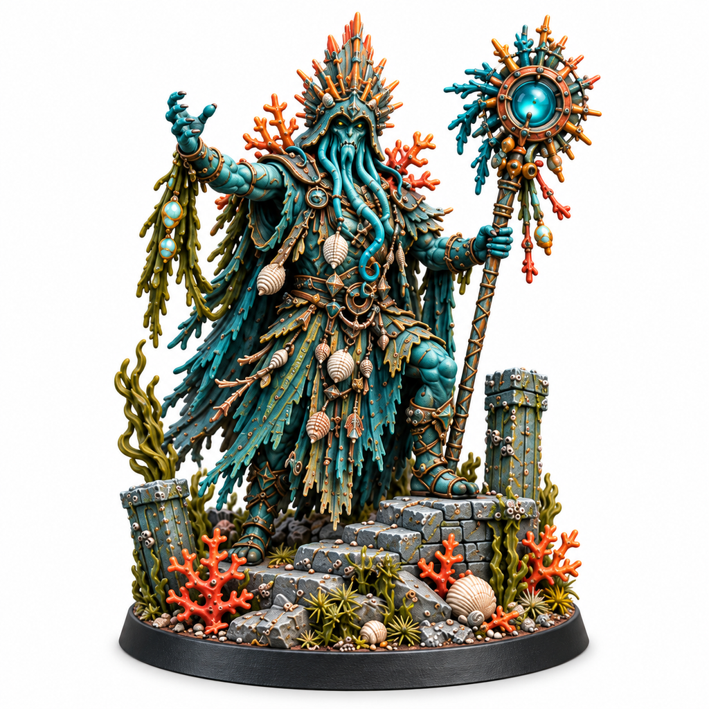Sea oracle miniature with coral robes and a glowing ceremonial staff.