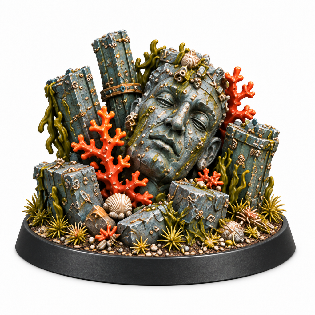 Sunken shrine terrain miniature with a stone face, coral, and broken pillars.