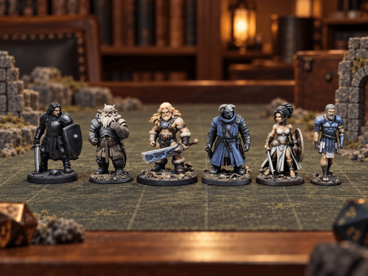 Six actual tabletop fantasy miniatures