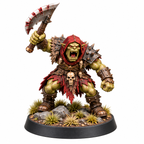 Orc raider miniature raising a broad axe on a rocky camp base.