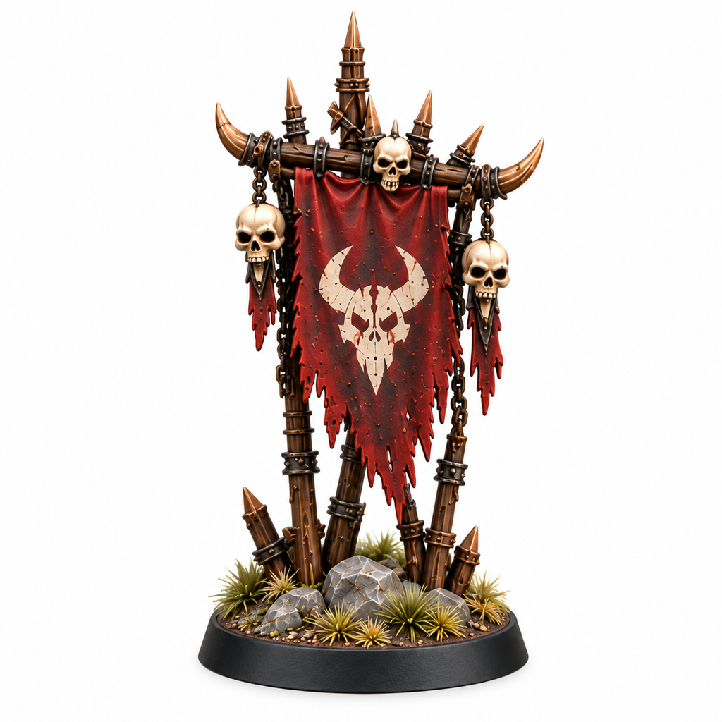 Orc war banner terrain miniature decorated with horns and skulls.